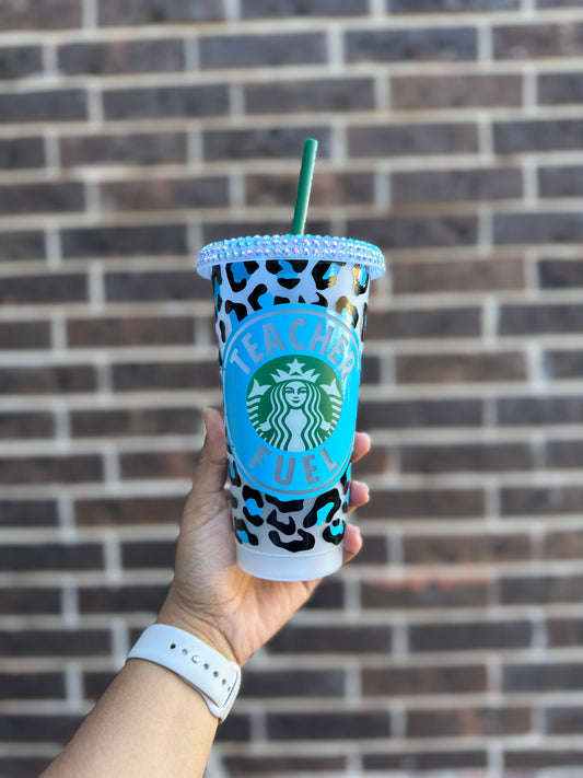 Cheetah Print Teacher Fuel Reusable Starbucks Cold Cup